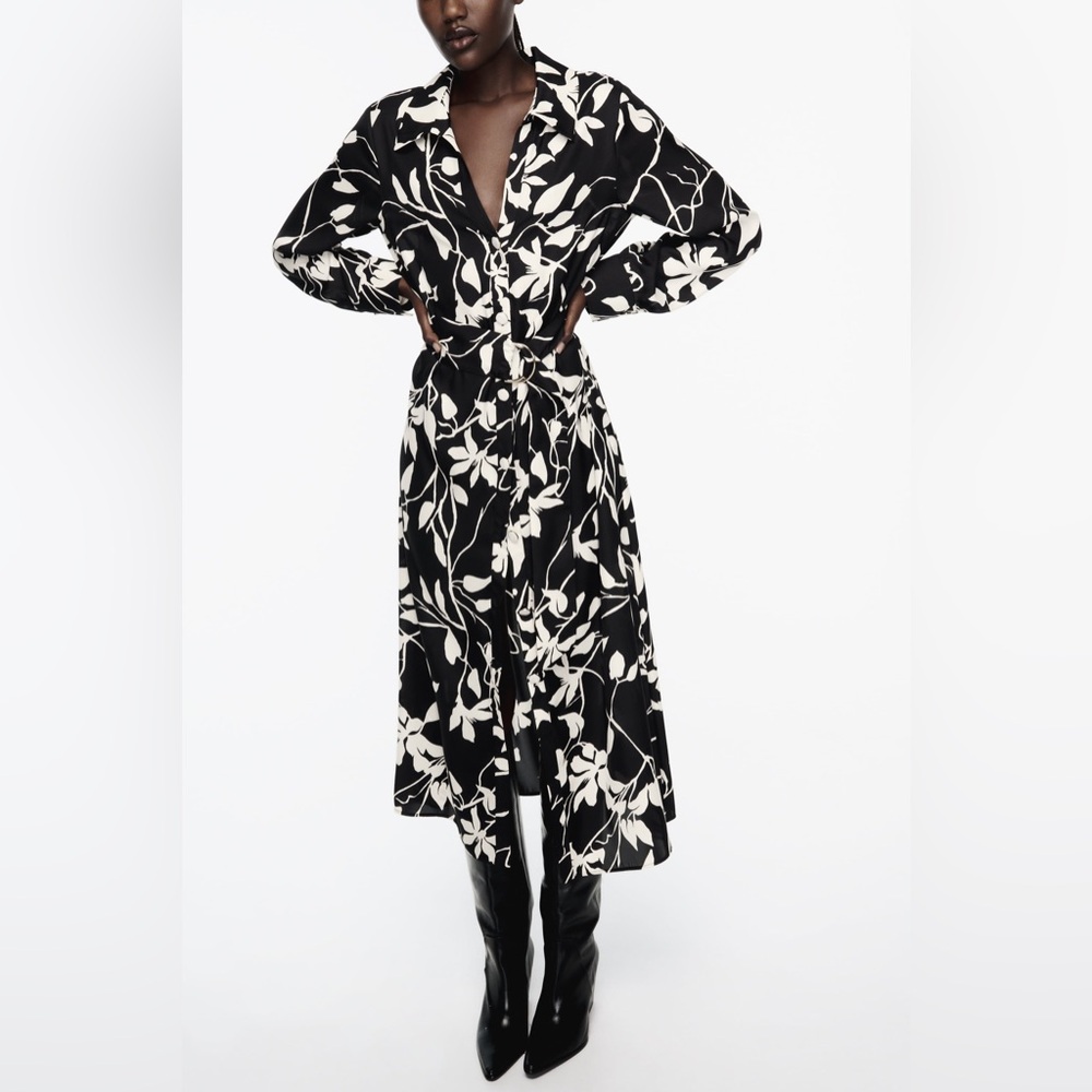 Zara Printed Shirt Dress, Ecru / Black, Medium